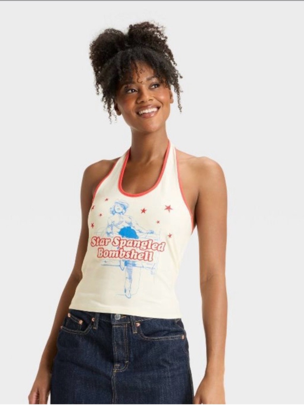 Star-Spangled Bombshell Ivory Halter Tank with Red Trim